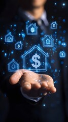 A real estate agent holds in their hand glowing holographic icons of houses and dollar signs, representing the concept of home.