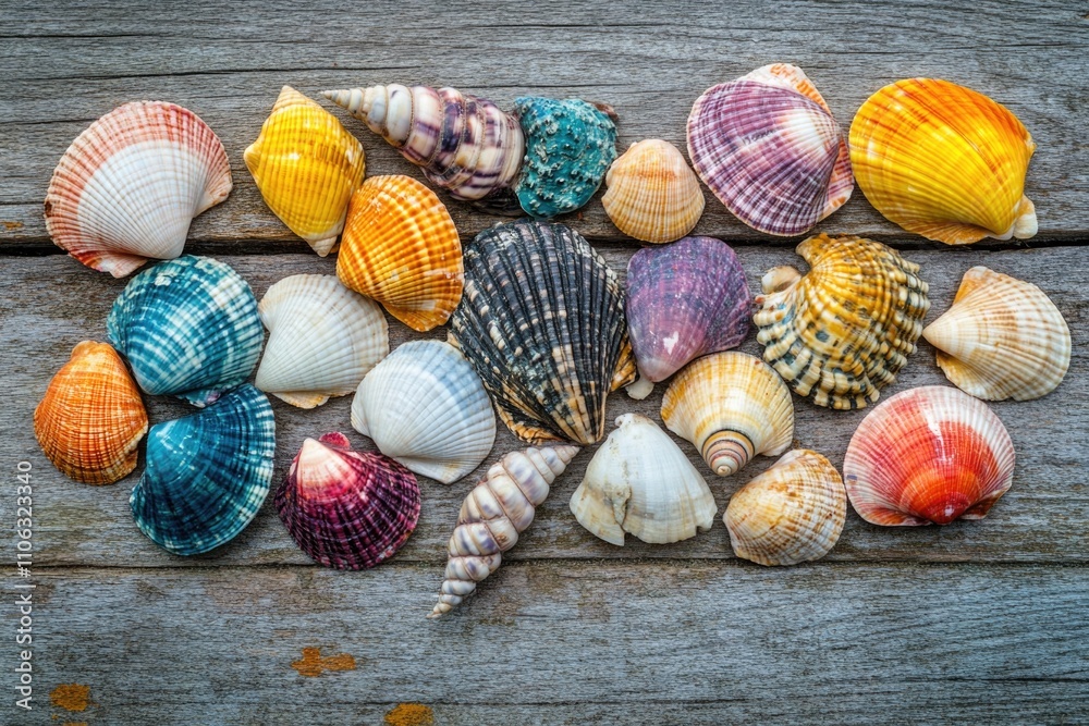 Poster a collection of variously colored seashells arranged on a wooden surface