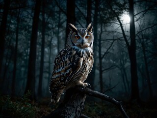 Obraz premium Majestic owl under moonlight in a dark forest.