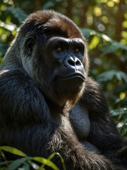 Obraz premium Majestic silverback gorilla in a sunlit jungle.