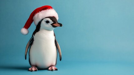 Naklejka premium A small penguin stands proudly adorned with a bright red Santa hat. The cheerful bird is set against a soft blue background, adding a delightful holiday feel. With copy space for text