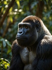 Majestic silverback gorilla in a sunlit jungle.