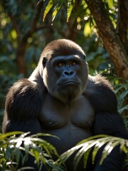 Obraz premium Majestic silverback gorilla in a sunlit jungle.