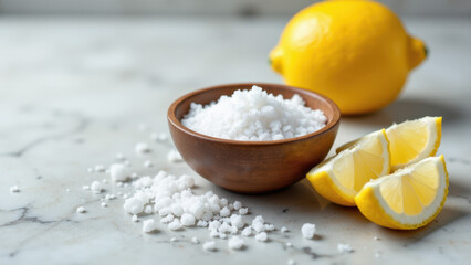 Fototapeta premium A wooden bowl filled with Celtic sea salt accompanied by fresh lemon wedges.