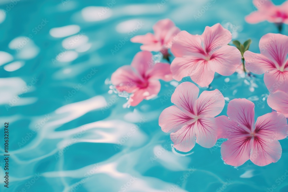 Poster a bunch of pink flowers floating on the surface of a pool