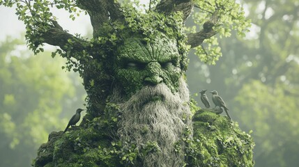 Enigmatic Moss-Covered Giant Standing by Ancient Tree in 3D Rendered Digital Artwork Exuding Wisdom and Tranquility, Ultra-Detailed Representation