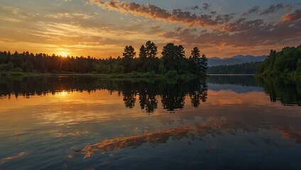 Fototapeta premium Majestic sunset reflected in tranquil lake waters.