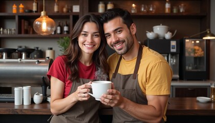 Smiling barista couple in a cozy coffee shop holding a steaming cup of coffee, wearing casual aprons, with a warm and inviting atmosphere, perfect for promoting cafes and teamwork