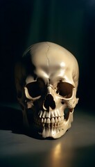A human skull set against a dark background, with dramatic chiaroscuro lighting accentuating its features create with ai