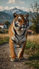 Fototapeta premium Majestic tiger roaming a rural town.