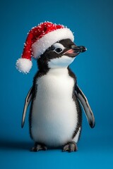 Fototapeta premium A cute penguin stands confidently against a bright blue background, adorned with a festive red and white Santa hat, embodying the cheerful spirit of the holidays