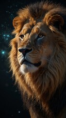 Fototapeta premium Majestic translucent male lion god’s upper body glowing with cosmic light.