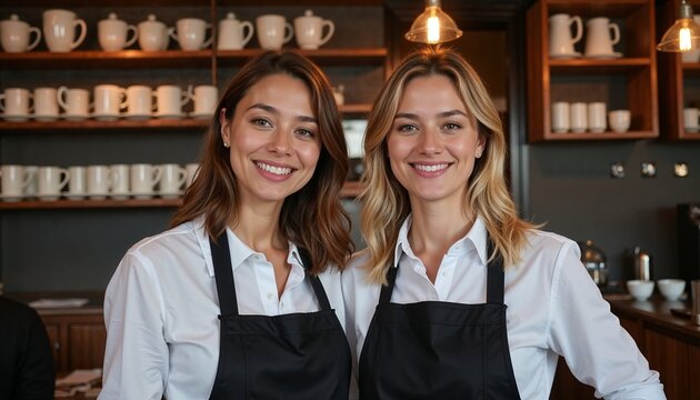Two smiling female baristas wearing black aprons in a cozy cafe with wooden shelves and white mugs, perfect for coffee shop branding or teamwork concepts