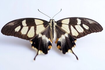 Fototapeta premium A close-up of a black and white butterfly on a white surface, perfect for use in illustrations or designs