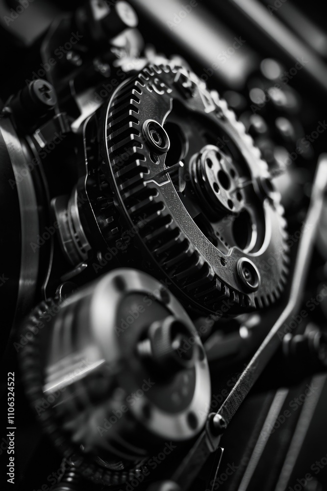Poster a close-up shot of a black and white motorcycle engine, perfect for editorial or design use