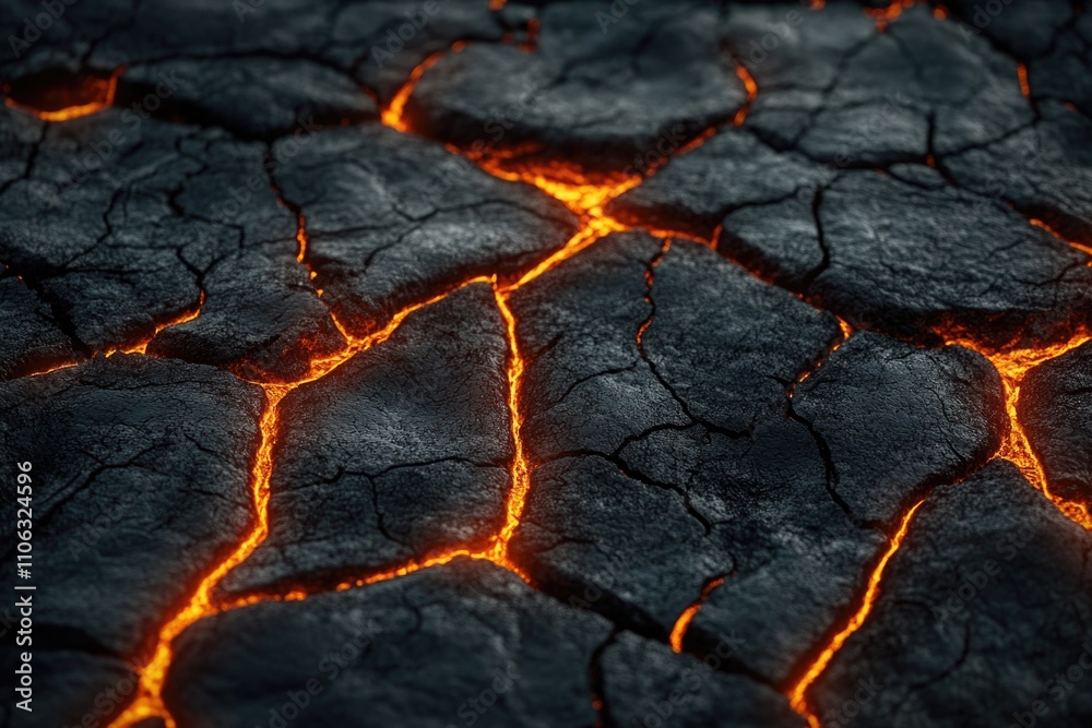 Poster a close-up view of molten lava with flowing red hot liquid and rock formations