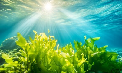 Fototapeta premium Seaweed illuminated by sunlight, partly submerged in clear ocean water
