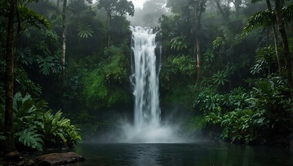 Majestic waterfall in a lush tropical forest, mist rising.