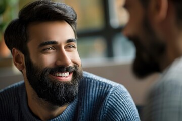 Fototapeta premium Two men share a friendly moment, smiling and laughing together