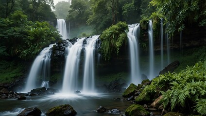 Fototapeta premium Majestic waterfall in lush green surroundings with mist.