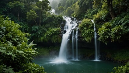 Naklejka premium Majestic waterfall in lush green surroundings with mist.