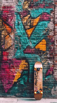 Grafiti y patineta en una pared