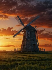 Majestic windmill against a breathtaking sunset.