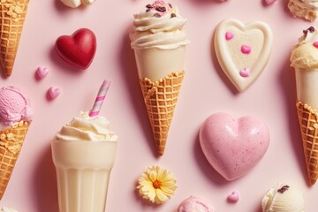 A colorful display of sweet treats on a pink background