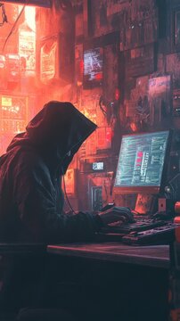 Hombre con capucha usando computadora en habitaci&oacute;n oscura