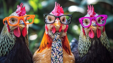 Fototapeta premium A group of chickens dressed in formal attire, featuring glasses and ties