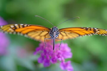 Obraz premium Close-up of a butterfly perched on a colorful flower, great for spring or nature-themed designs