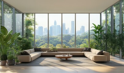 Modern living room with large windows, plants, and comfortable furniture overlooking a city skyline. Concept of urban living and green interior design