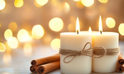 Ivory candles tied with cinnamon sticks and twine, glowing with soft candlelight against a festive backdrop of bokeh lights, creating a warm holiday vibe