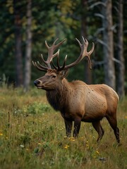 Fototapeta premium Male elk with broken antlers walking through a grassy clearing in late summer.