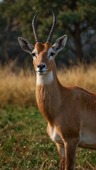 Naklejka premium Male Lechwe antelope standing alone in tall grass.