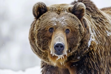 Fototapeta premium A large brown bear stands in the snow, ready to explore its winter surroundings