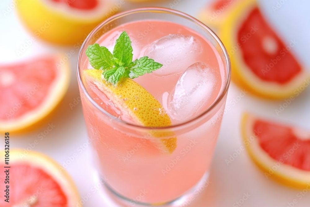 Poster a refreshing drink with ice cubes and a slice of lemon, great for a hot day or as a prop in photogra