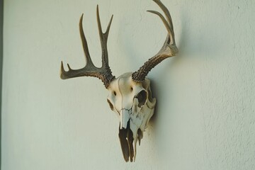 A deer skull mounted on the wall as a decorative piece, perfect for rustic or outdoorsy-themed rooms