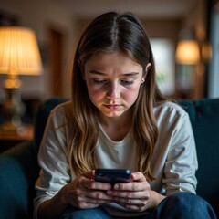 Stunning high resolution photos of a sad teenage girl alone spending her free time with a smartphone who has no real friends

