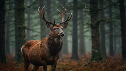 Male red deer in the forest.