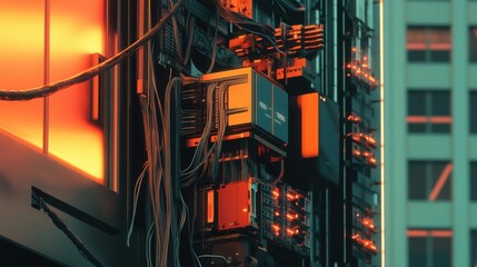 Infraestructura tecnológica cables servidores iluminación moderna