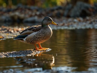 Mallard duck standing on a rock in an autumn pond.