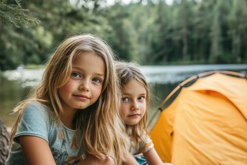 Fototapeta premium Two young girls sit together outside a tent in a outdoor setting