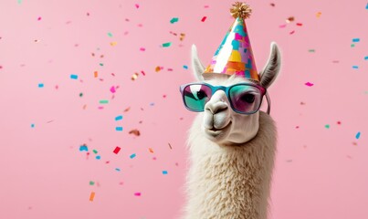 Llama in a colorful party hat and sunglasses with confetti on a pink background. Fun, quirky celebration with a humorous twist.