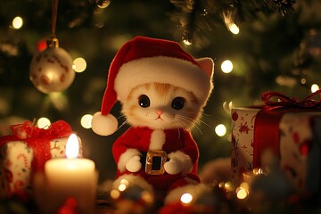 A charming fluffy cartoon-style cat in a Santa costume sitting near festive gifts and a well-decorated Christmas tree, glowing gently in warm candlelight, close-up 2