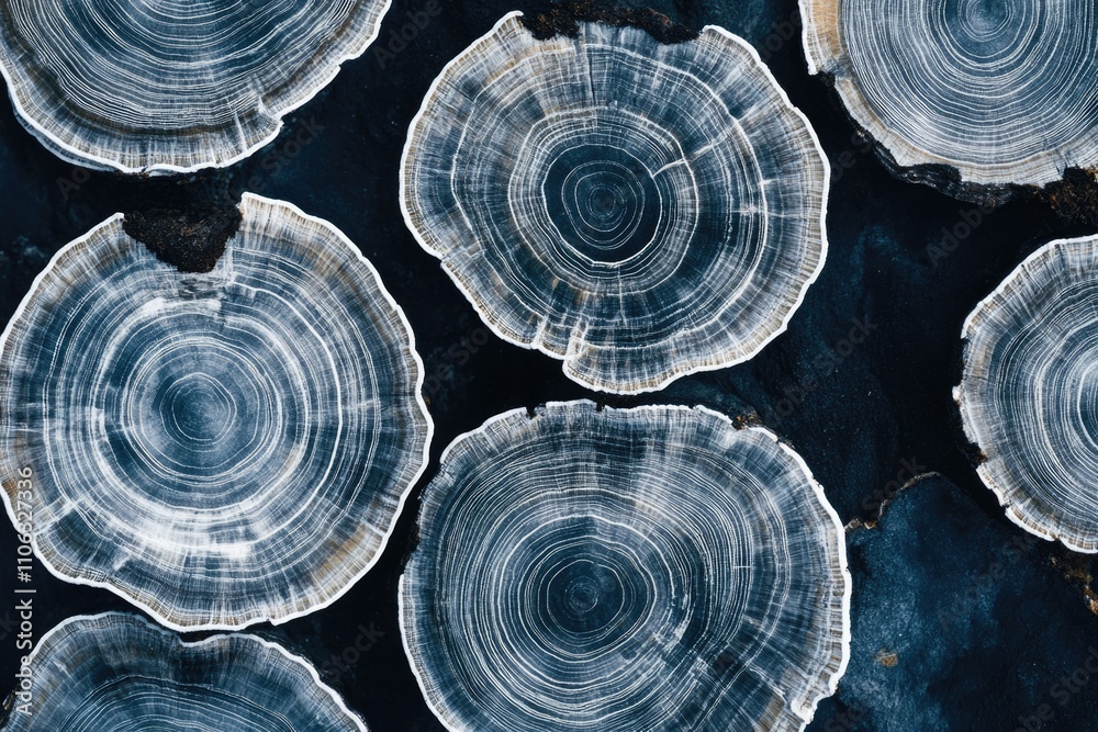 Aufkleber close-up shot of tree ring patterns on a black background, suitable for use in scientific or educati