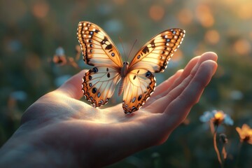 A person gently grasping a butterfly in their hand, a moment of connection and wonder