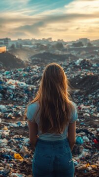 Mujer mirando basurero al atardecer