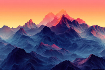 Spectacular sunset behind majestic mountain range.