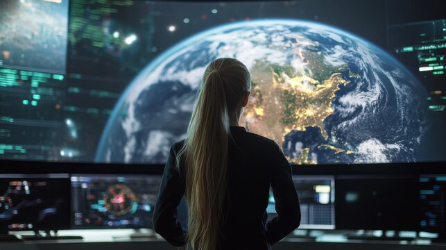 Mujer observando pantallas tecnol&oacute;gicas y mapa de la tierra